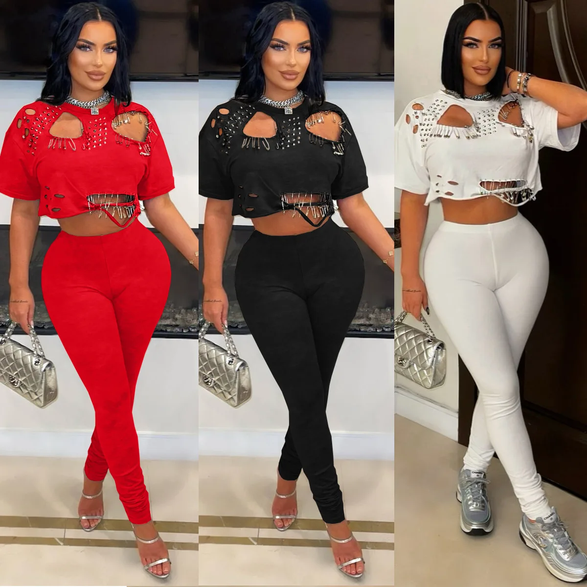 CM.YAYA Fashion Women's Set Hollow Out Hole Pin Short Sleeve T-shirt and Legging Pants 2025 Two 2 Piece Set Outfit Tracksuit