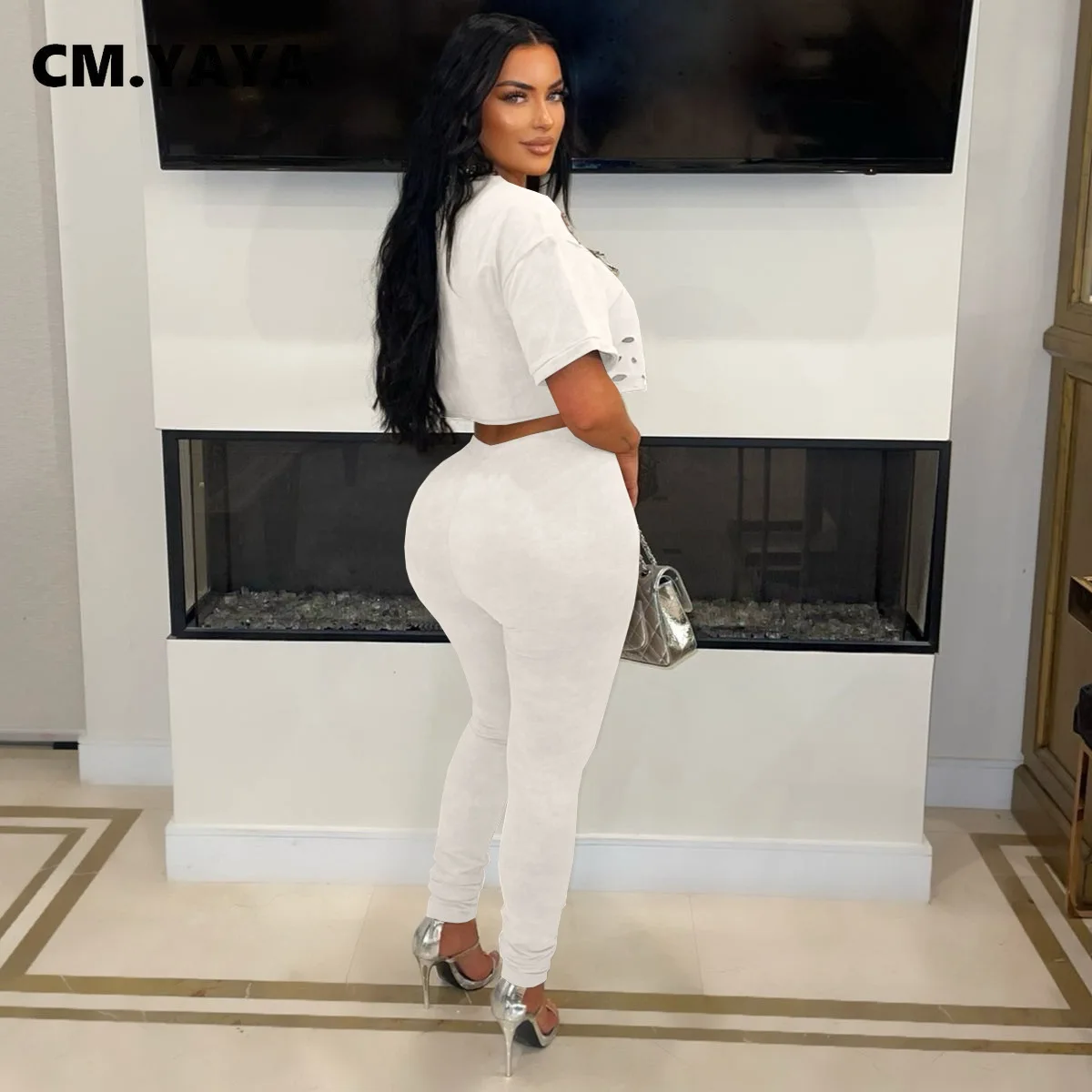 CM.YAYA Fashion Women’s Set Hollow Out Hole Pin Short Sleeve T-shirt and Legging Pants 2025 Two 2 Piece Set Outfit Tracksuit CM.YAYA Fashion Women's Set Hollow Out Hole Pin Short Sleeve T-shirt and Legging Pants 2025 Two 2 Piece Set Outfit Tracksuit