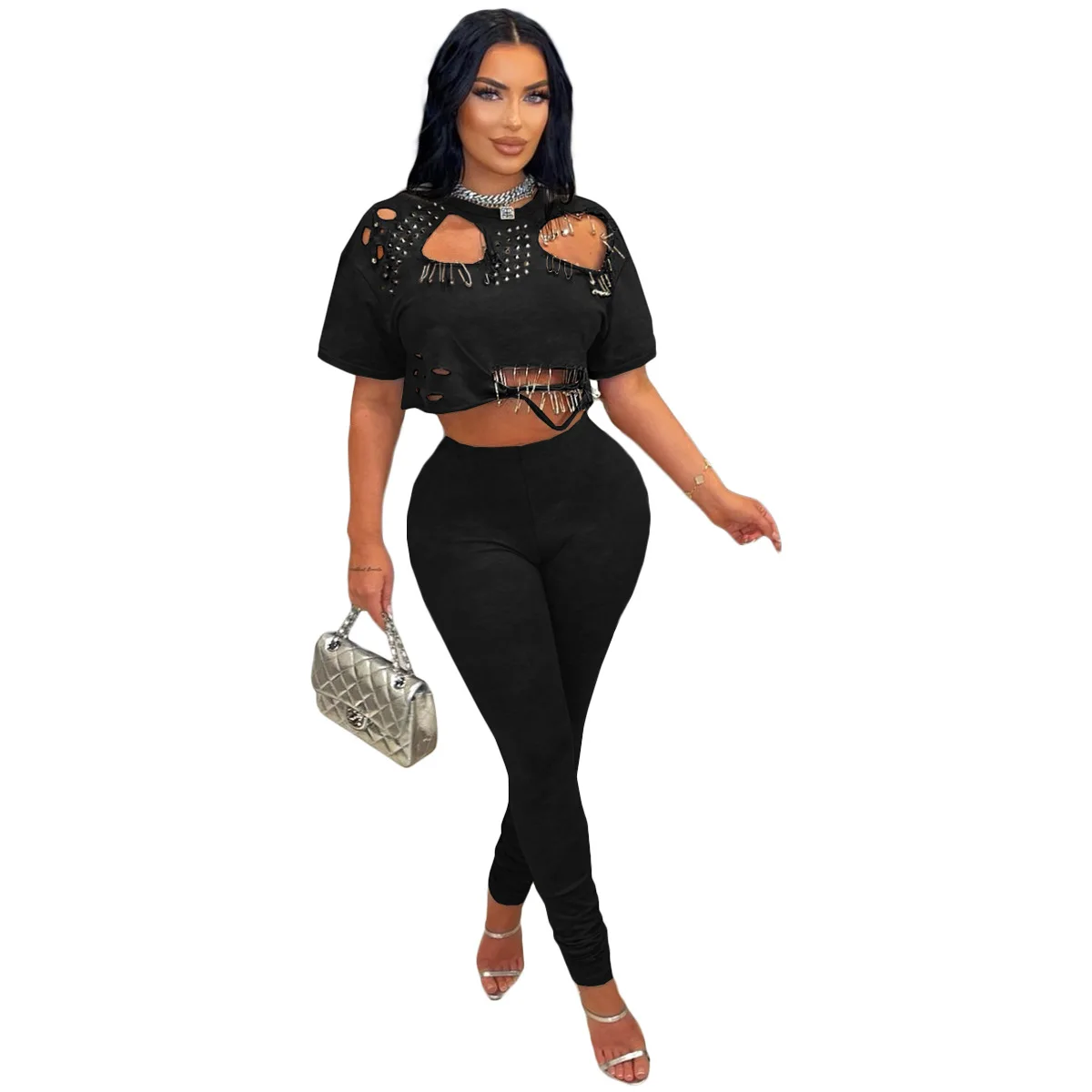 CM.YAYA Fashion Women's Set Hollow Out Hole Pin Short Sleeve T-shirt and Legging Pants 2025 Two 2 Piece Set Outfit Tracksuit