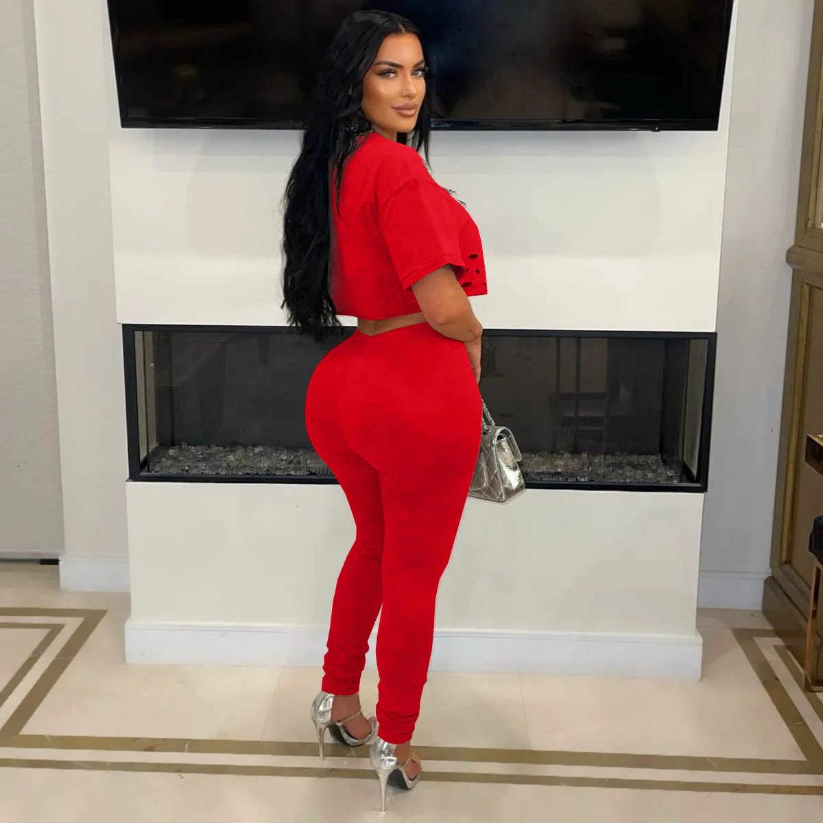 CM.YAYA Fashion Women's Set Hollow Out Hole Pin Short Sleeve T-shirt and Legging Pants 2025 Two 2 Piece Set Outfit Tracksuit