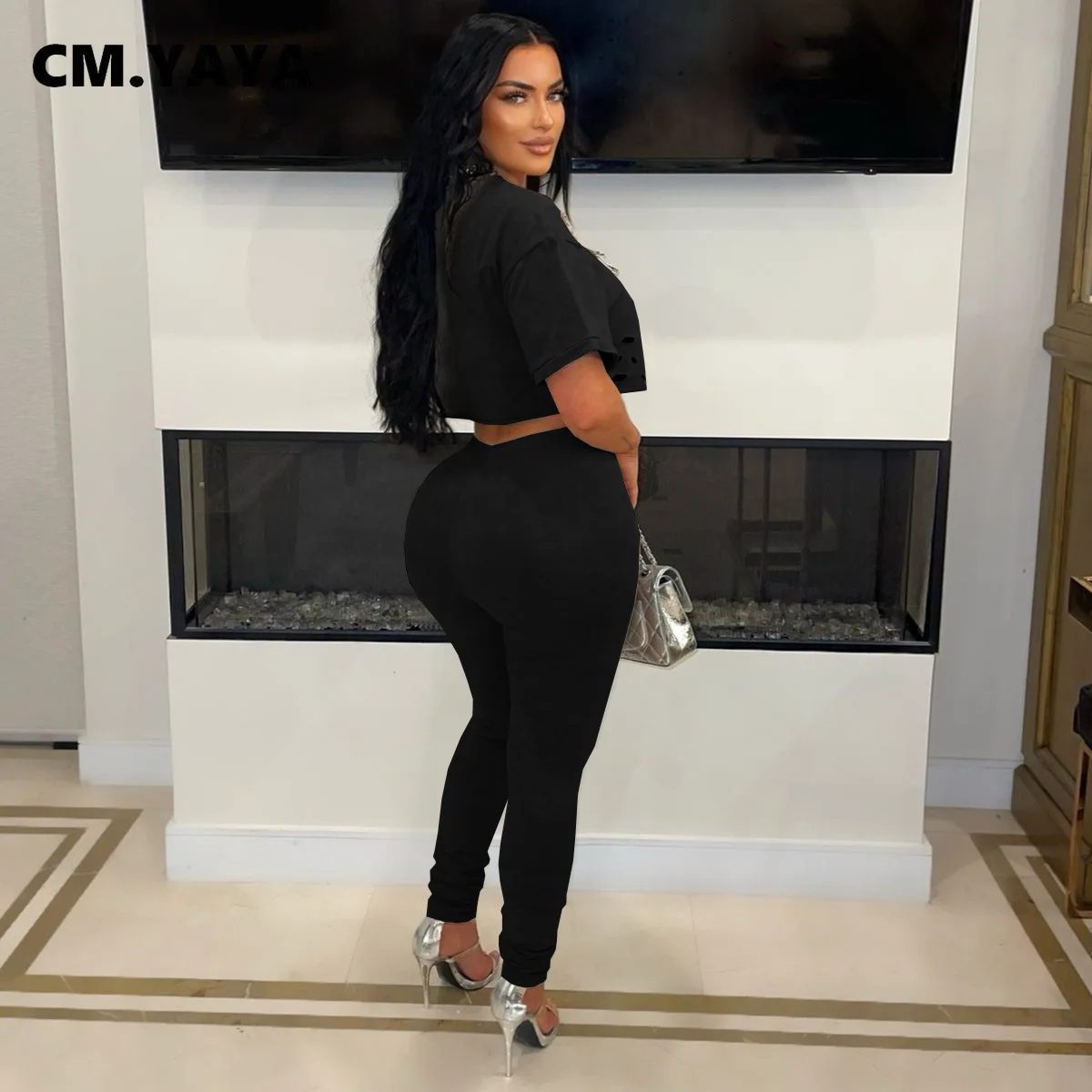 CM.YAYA Fashion Women’s Set Hollow Out Hole Pin Short Sleeve T-shirt and Legging Pants 2025 Two 2 Piece Set Outfit Tracksuit CM.YAYA Fashion Women's Set Hollow Out Hole Pin Short Sleeve T-shirt and Legging Pants 2025 Two 2 Piece Set Outfit Tracksuit