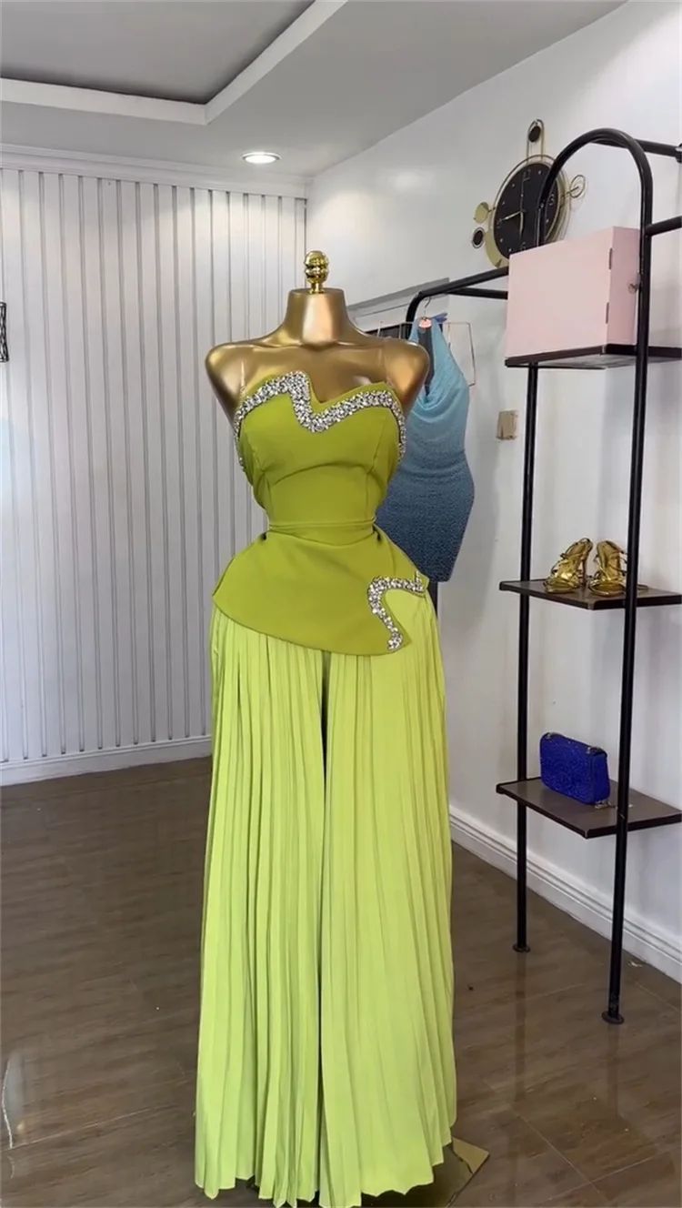 CM.YAYA Women's Set Diamonds Hot Rhinestones Crop Top and Pleated Wide Leg Pants Suit 2025 Two 2 Piece Sets Outfits Tracksuit