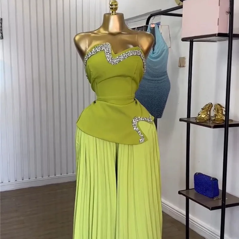 CM.YAYA Women's Set Diamonds Hot Rhinestones Crop Top and Pleated Wide Leg Pants Suit 2025 Two 2 Piece Sets Outfits Tracksuit