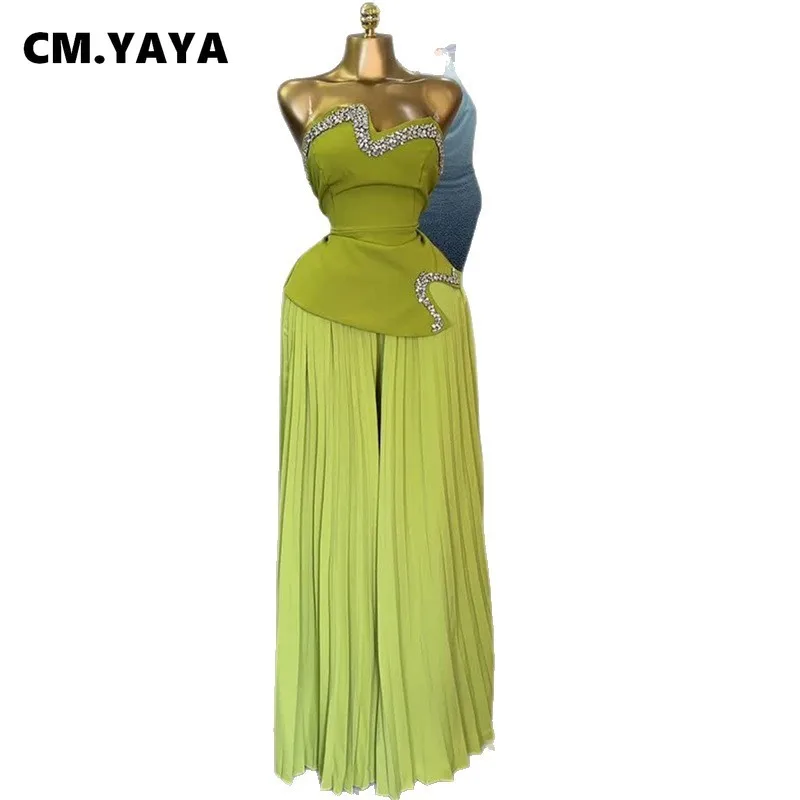 CM.YAYA Women’s Set Diamonds Hot Rhinestones Crop Top and Pleated Wide Leg Pants Suit 2025 Two 2 Piece Sets Outfits Tracksuit CM.YAYA Women's Set Diamonds Hot Rhinestones Crop Top and Pleated Wide Leg Pants Suit 2025 Two 2 Piece Sets Outfits Tracksuit