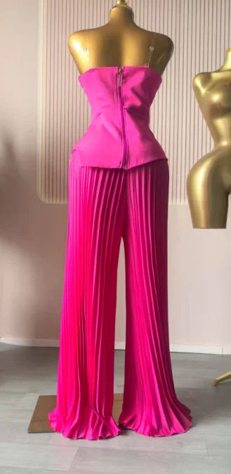 CM.YAYA Women's Set Diamonds Hot Rhinestones Crop Top and Pleated Wide Leg Pants Suit 2025 Two 2 Piece Sets Outfits Tracksuit