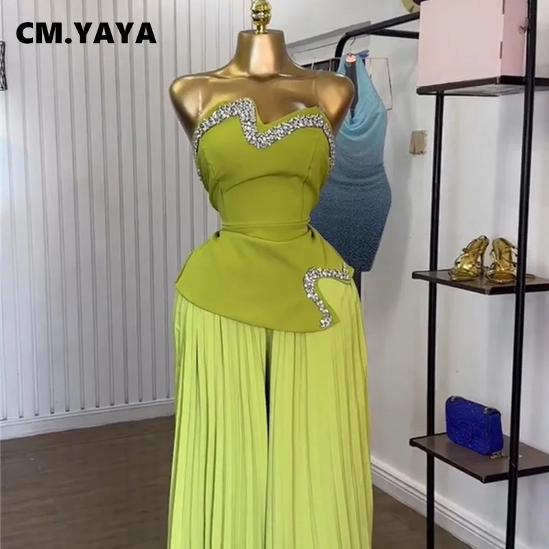 CM.YAYA Women’s Set Diamonds Hot Rhinestones Crop Top and Pleated Wide Leg Pants Suit 2025 Two 2 Piece Sets Outfits Tracksuit CM.YAYA Women's Set Diamonds Hot Rhinestones Crop Top and Pleated Wide Leg Pants Suit 2025 Two 2 Piece Sets Outfits Tracksuit
