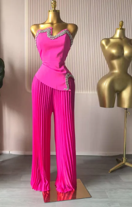 CM.YAYA Women's Set Diamonds Hot Rhinestones Crop Top and Pleated Wide Leg Pants Suit 2025 Two 2 Piece Sets Outfits Tracksuit