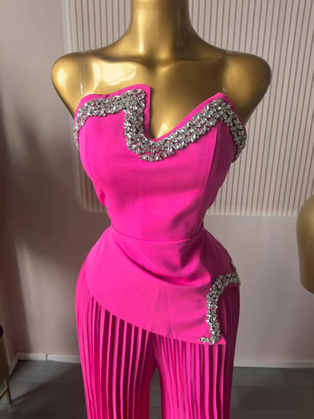 CM.YAYA Women's Set Diamonds Hot Rhinestones Crop Top and Pleated Wide Leg Pants Suit 2025 Two 2 Piece Sets Outfits Tracksuit