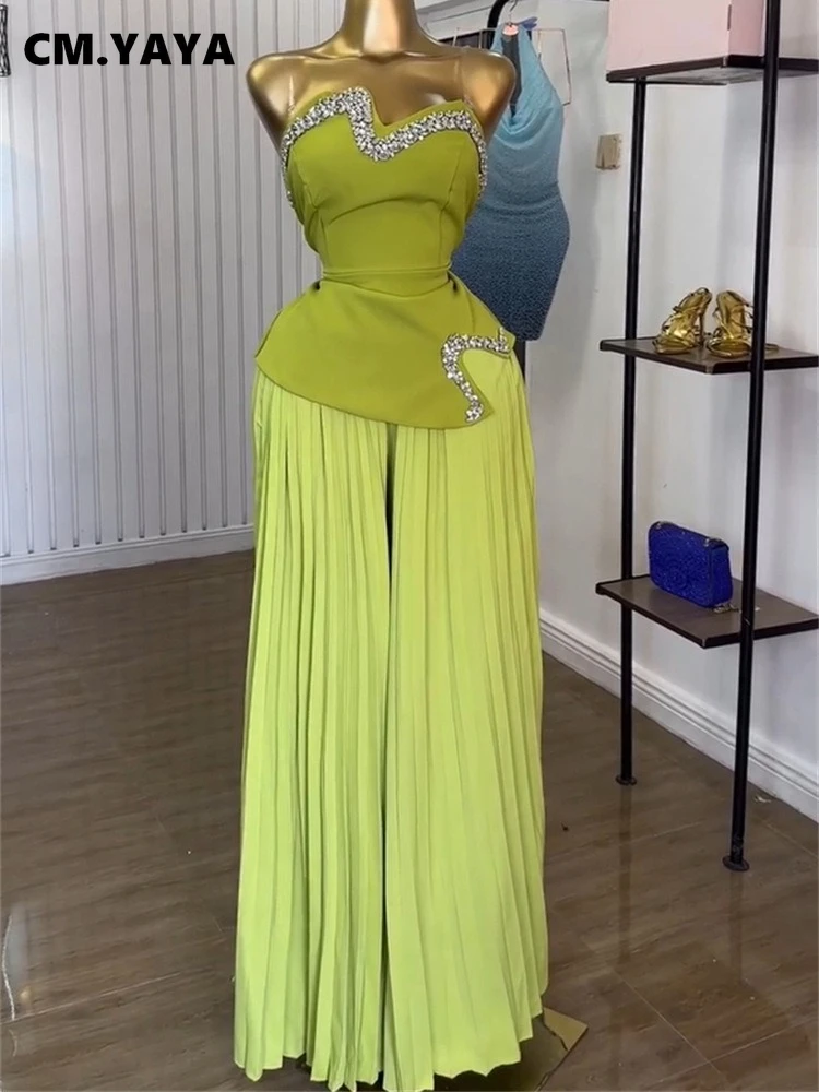 CM.YAYA Women’s Set Diamonds Hot Rhinestones Crop Top and Pleated Wide Leg Pants Suit 2025 Two 2 Piece Sets Outfits Tracksuit CM.YAYA Women's Set Diamonds Hot Rhinestones Crop Top and Pleated Wide Leg Pants Suit 2025 Two 2 Piece Sets Outfits Tracksuit