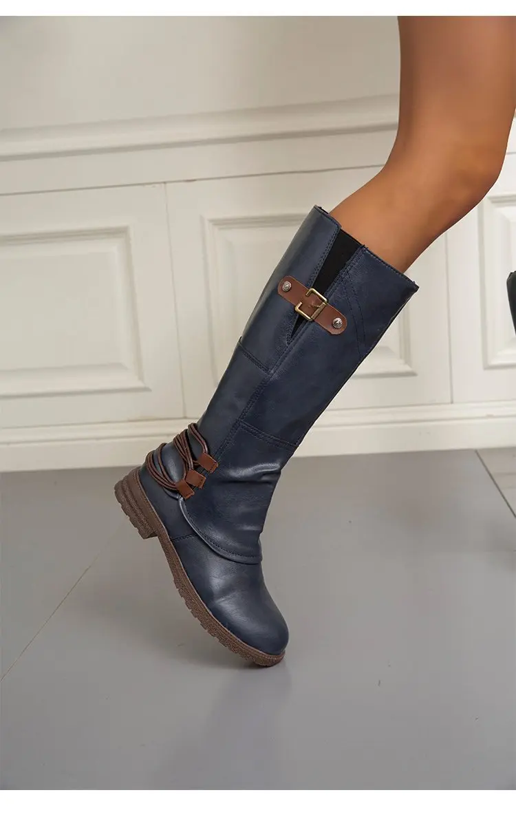 Autumn and Winter New Knee High Boots for Women Leather Square Low Heel High Boots Roman Style Belt Buckle Long Botas