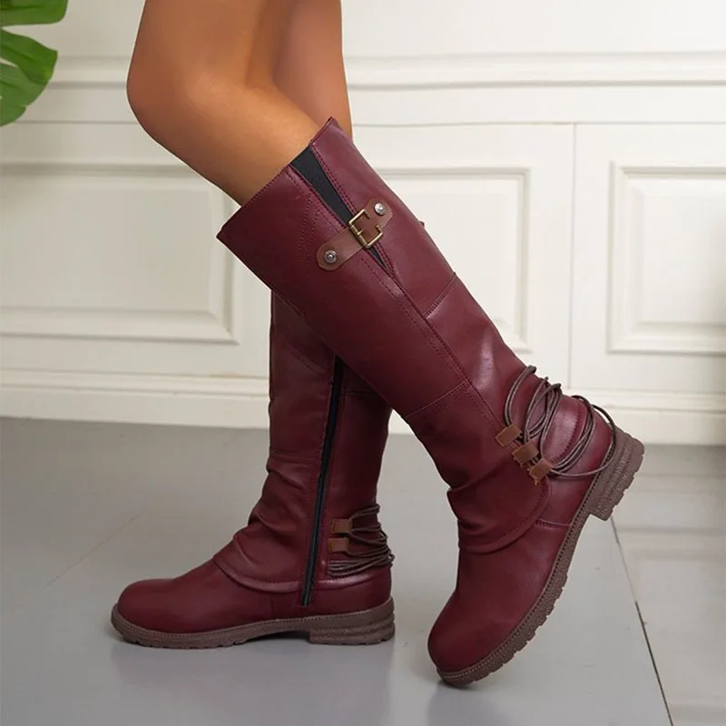 Autumn and Winter New Knee High Boots for Women Leather Square Low Heel High Boots Roman Style Belt Buckle Long Botas