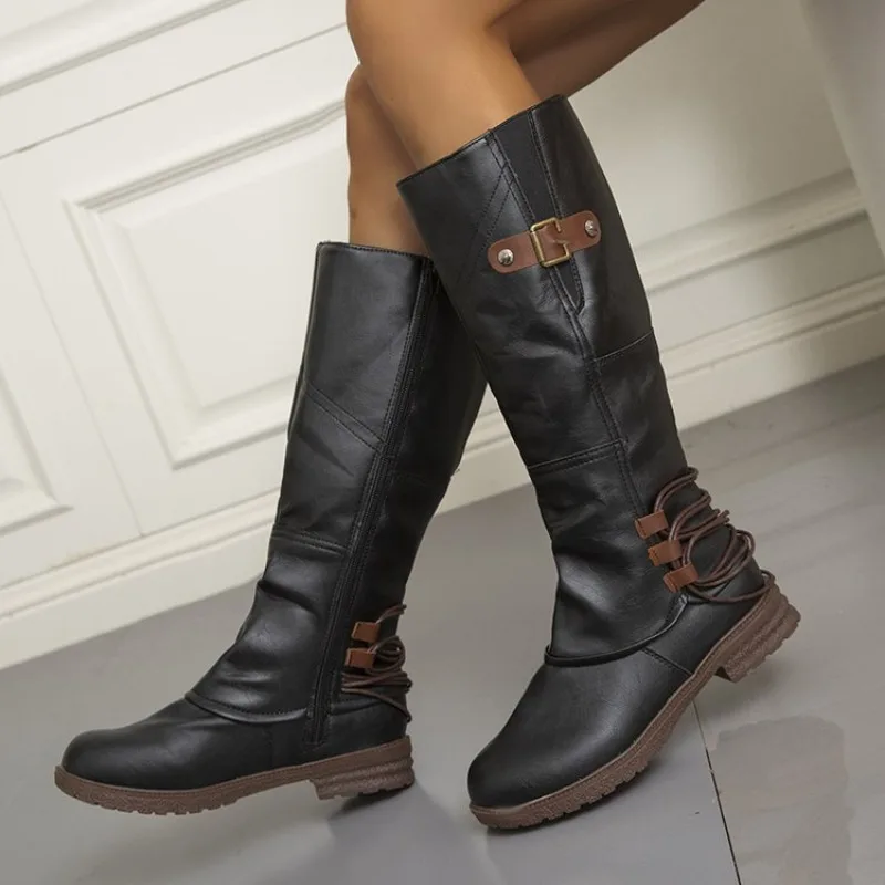 Autumn and Winter New Knee High Boots for Women Leather Square Low Heel High Boots Roman Style Belt Buckle Long Botas