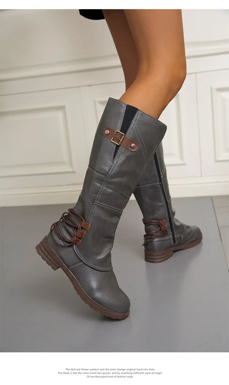 Autumn and Winter New Knee High Boots for Women Leather Square Low Heel High Boots Roman Style Belt Buckle Long Botas