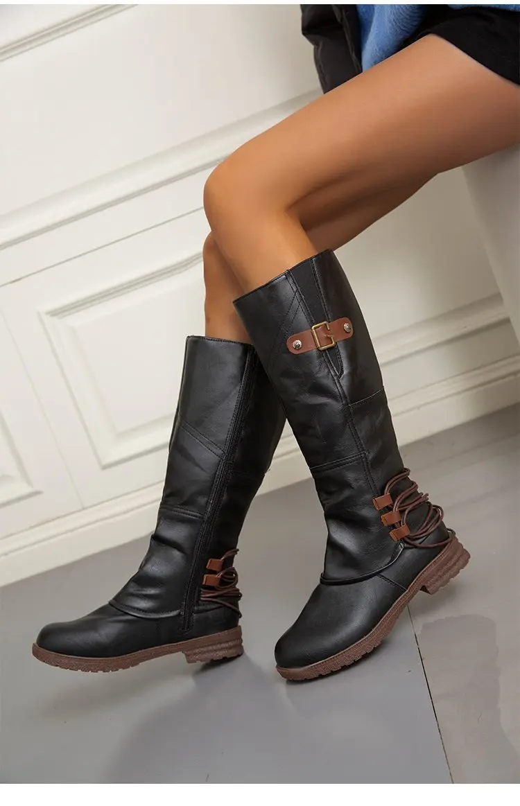 Autumn and Winter New Knee High Boots for Women Leather Square Low Heel High Boots Roman Style Belt Buckle Long Botas