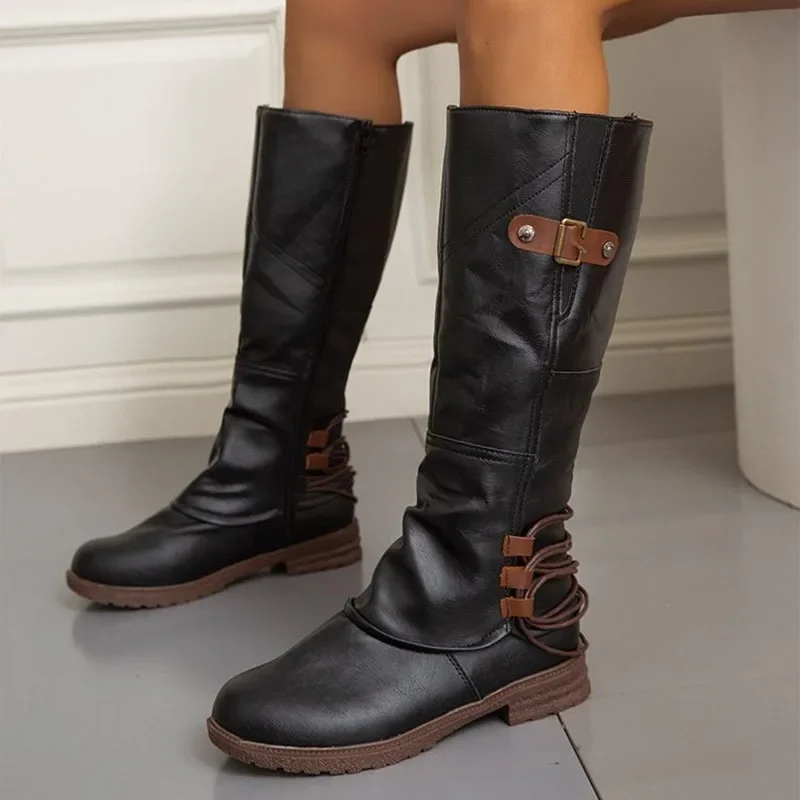 Autumn and Winter New Knee High Boots for Women Leather Square Low Heel High Boots Roman Style Belt Buckle Long Botas