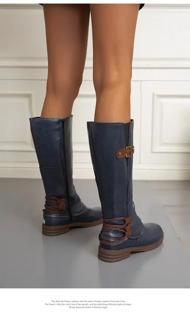 Autumn and Winter New Knee High Boots for Women Leather Square Low Heel High Boots Roman Style Belt Buckle Long Botas