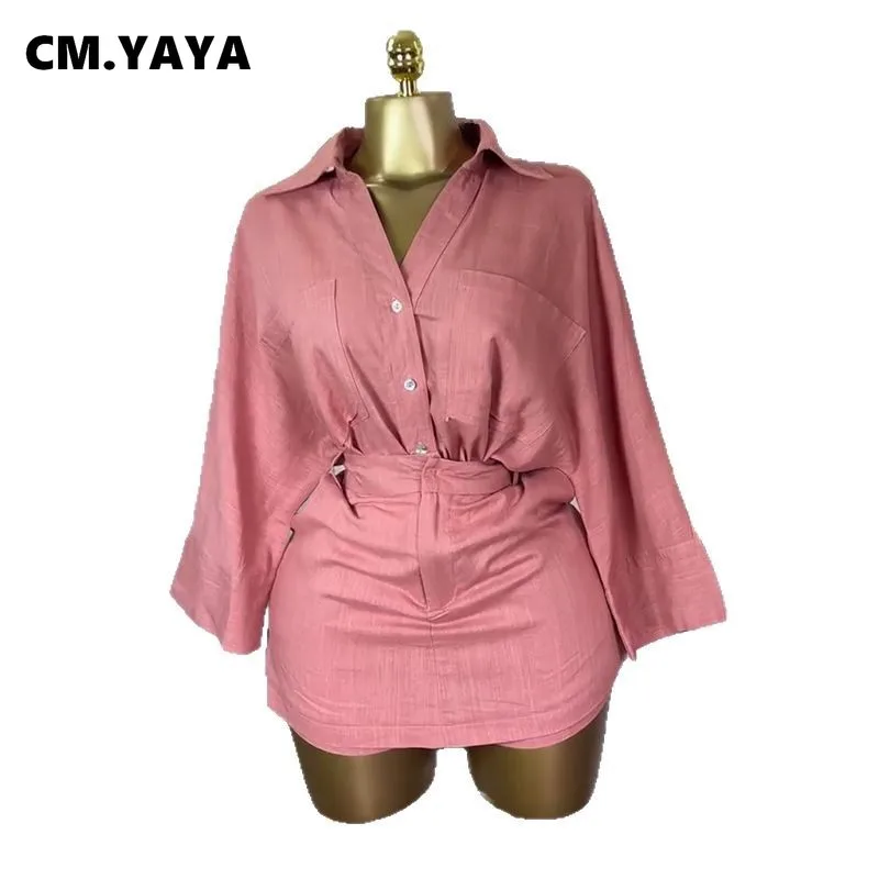 CM.YAYA Fashion Women's Set Full Sleeve Turn-down Collar T-shirt and Skirts Shorts 2025 Chic Two 2 Piece Sets Outfit Tracksuits