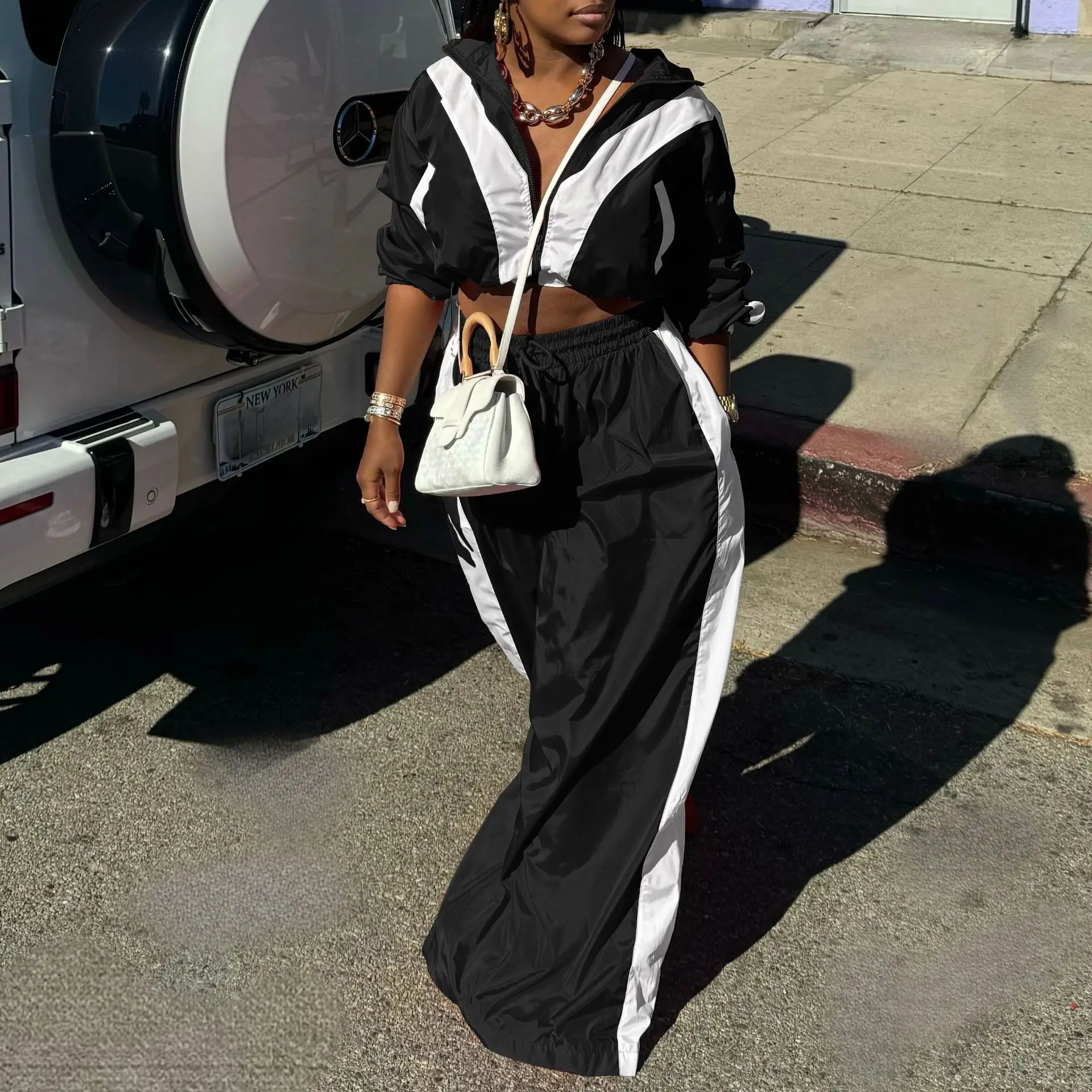 CM.YAYA Active Patchwork Women's Set Zipper Sweatshirt Jacket and Wide Leg Pants Suit 2025 INS Two 2 Piece Sets Outfit Tracksuit