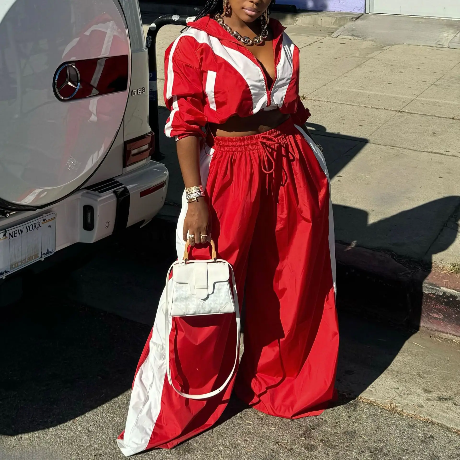 CM.YAYA Active Patchwork Women's Set Zipper Sweatshirt Jacket and Wide Leg Pants Suit 2025 INS Two 2 Piece Sets Outfit Tracksuit