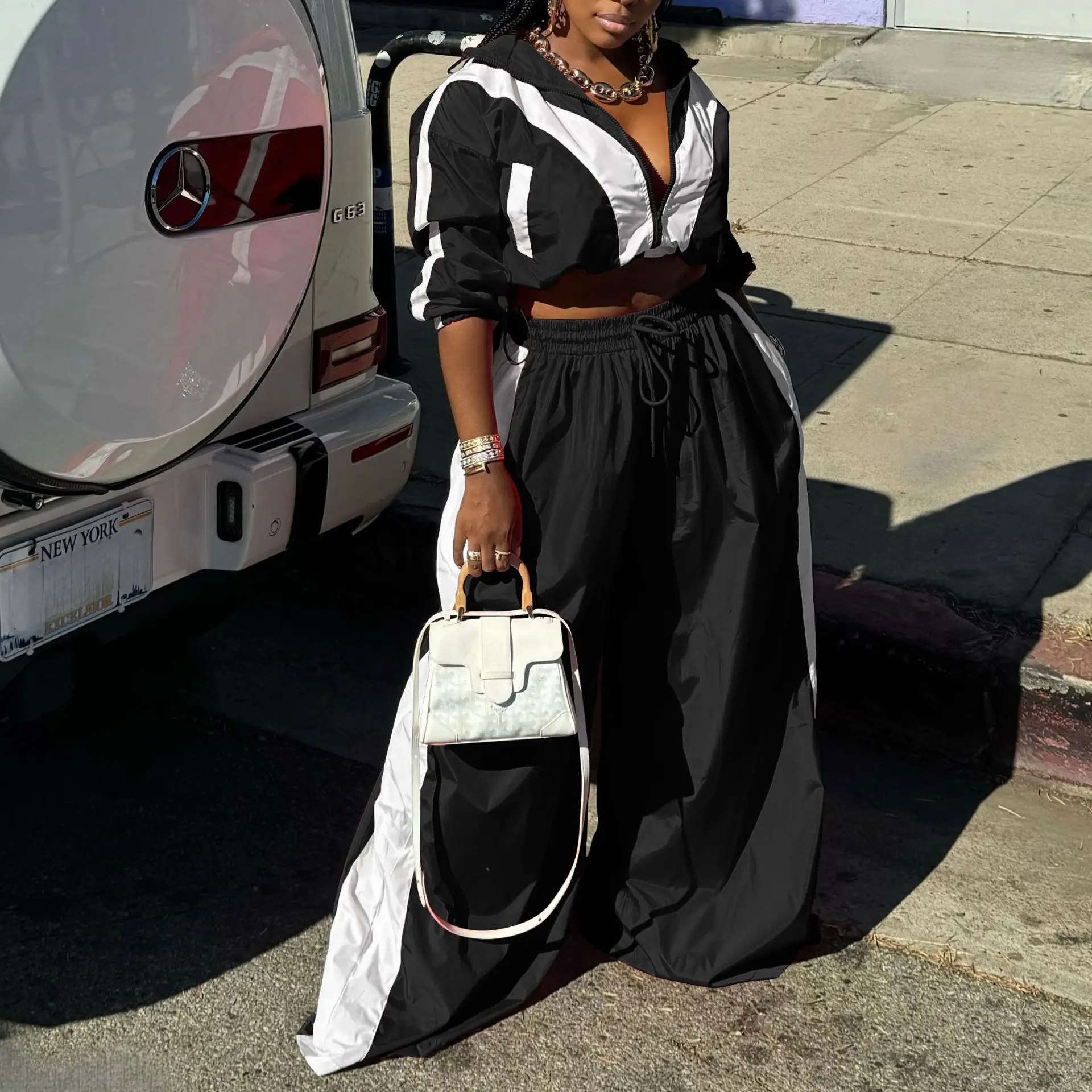 CM.YAYA Active Patchwork Women's Set Zipper Sweatshirt Jacket and Wide Leg Pants Suit 2025 INS Two 2 Piece Sets Outfit Tracksuit