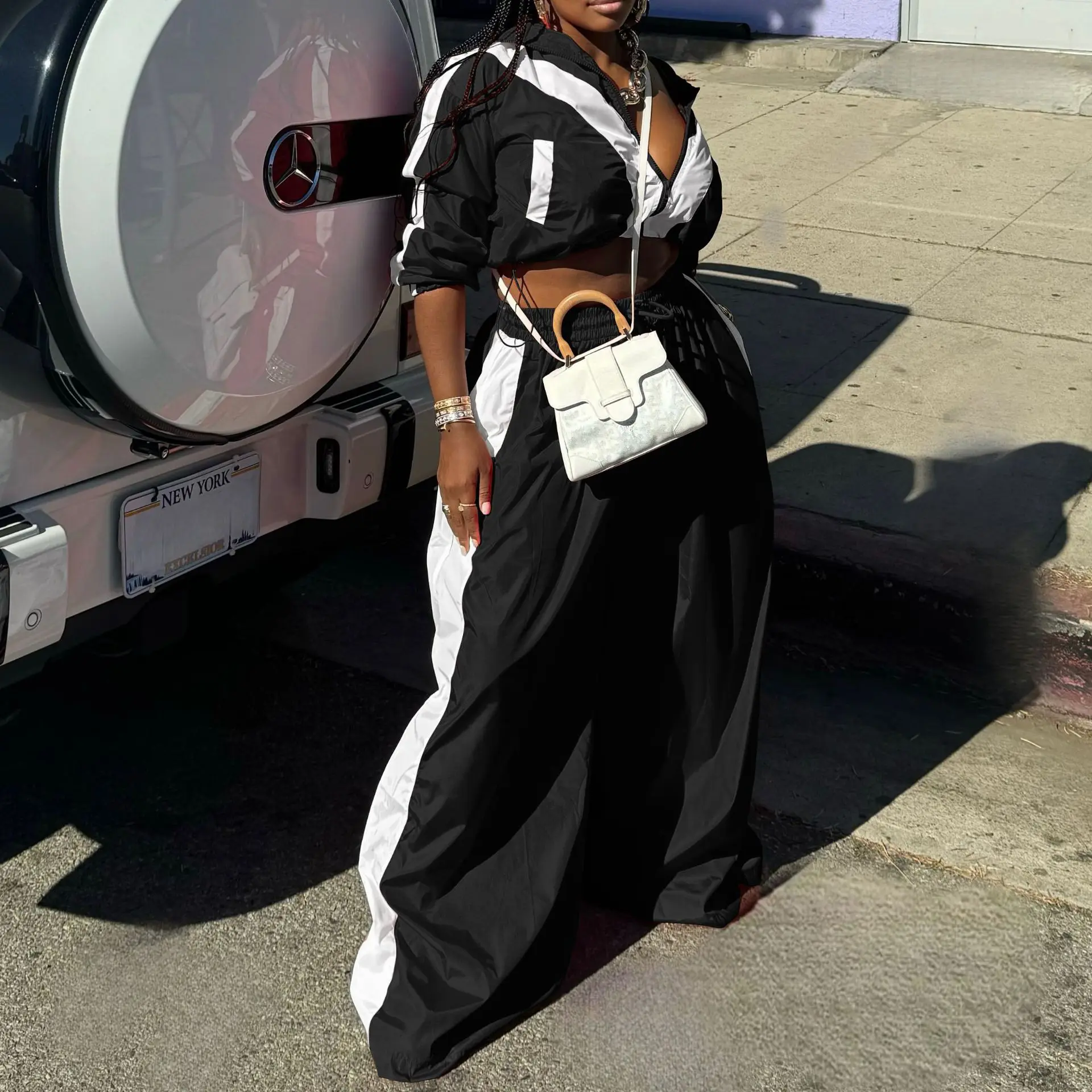 CM.YAYA Active Patchwork Women's Set Zipper Sweatshirt Jacket and Wide Leg Pants Suit 2025 INS Two 2 Piece Sets Outfit Tracksuit