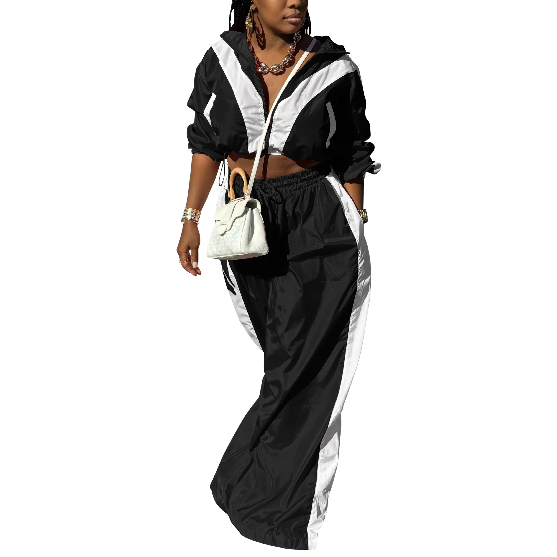 CM.YAYA Active Patchwork Women's Set Zipper Sweatshirt Jacket and Wide Leg Pants Suit 2025 INS Two 2 Piece Sets Outfit Tracksuit