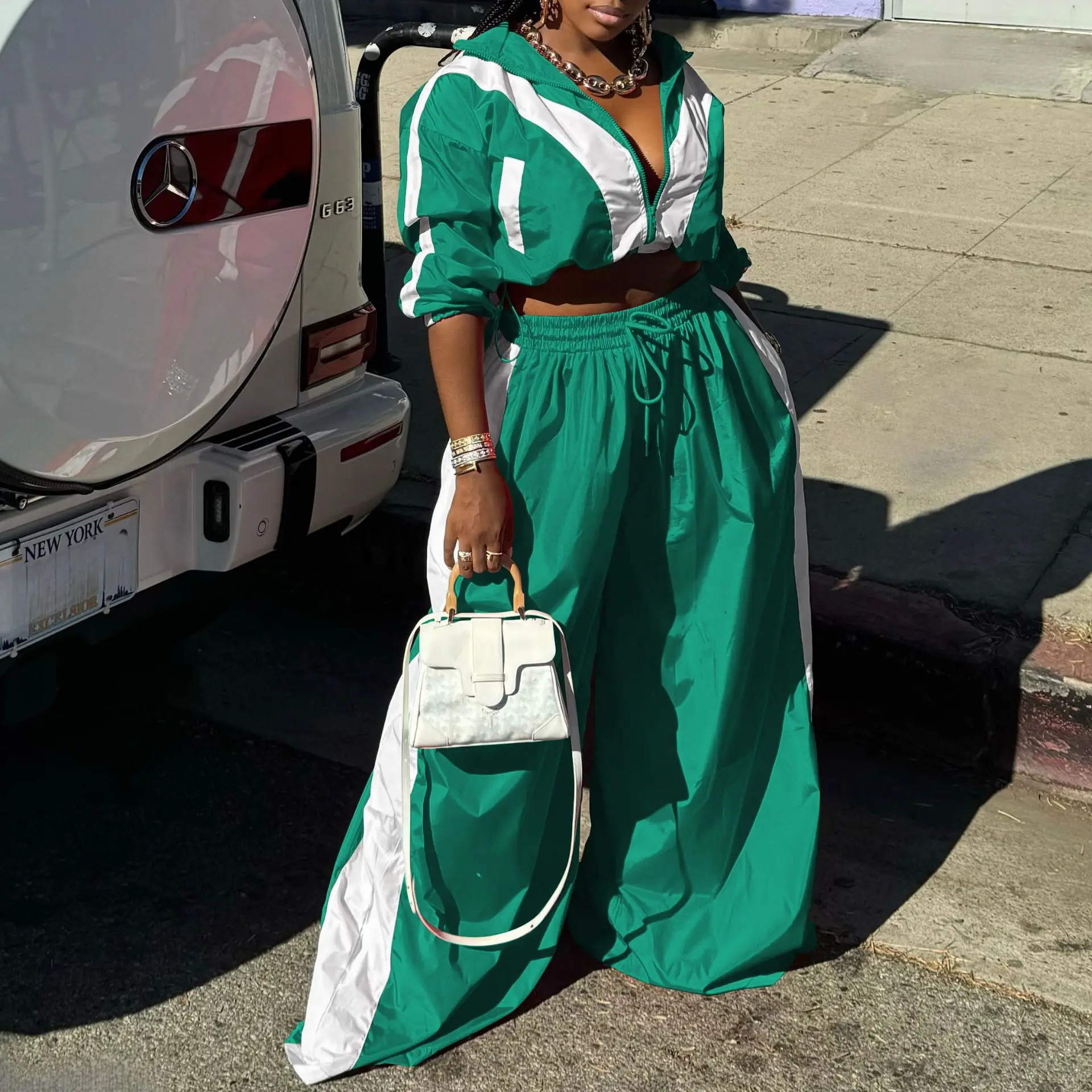 CM.YAYA Active Patchwork Women's Set Zipper Sweatshirt Jacket and Wide Leg Pants Suit 2025 INS Two 2 Piece Sets Outfit Tracksuit