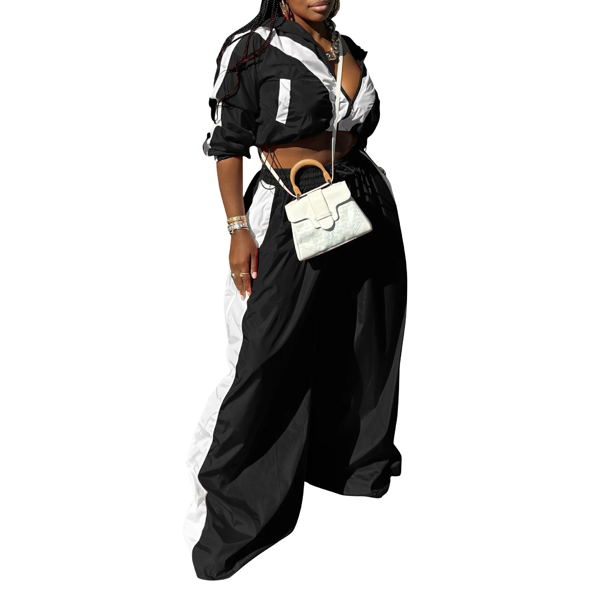 CM.YAYA Active Patchwork Women's Set Zipper Sweatshirt Jacket and Wide Leg Pants Suit 2025 INS Two 2 Piece Sets Outfit Tracksuit