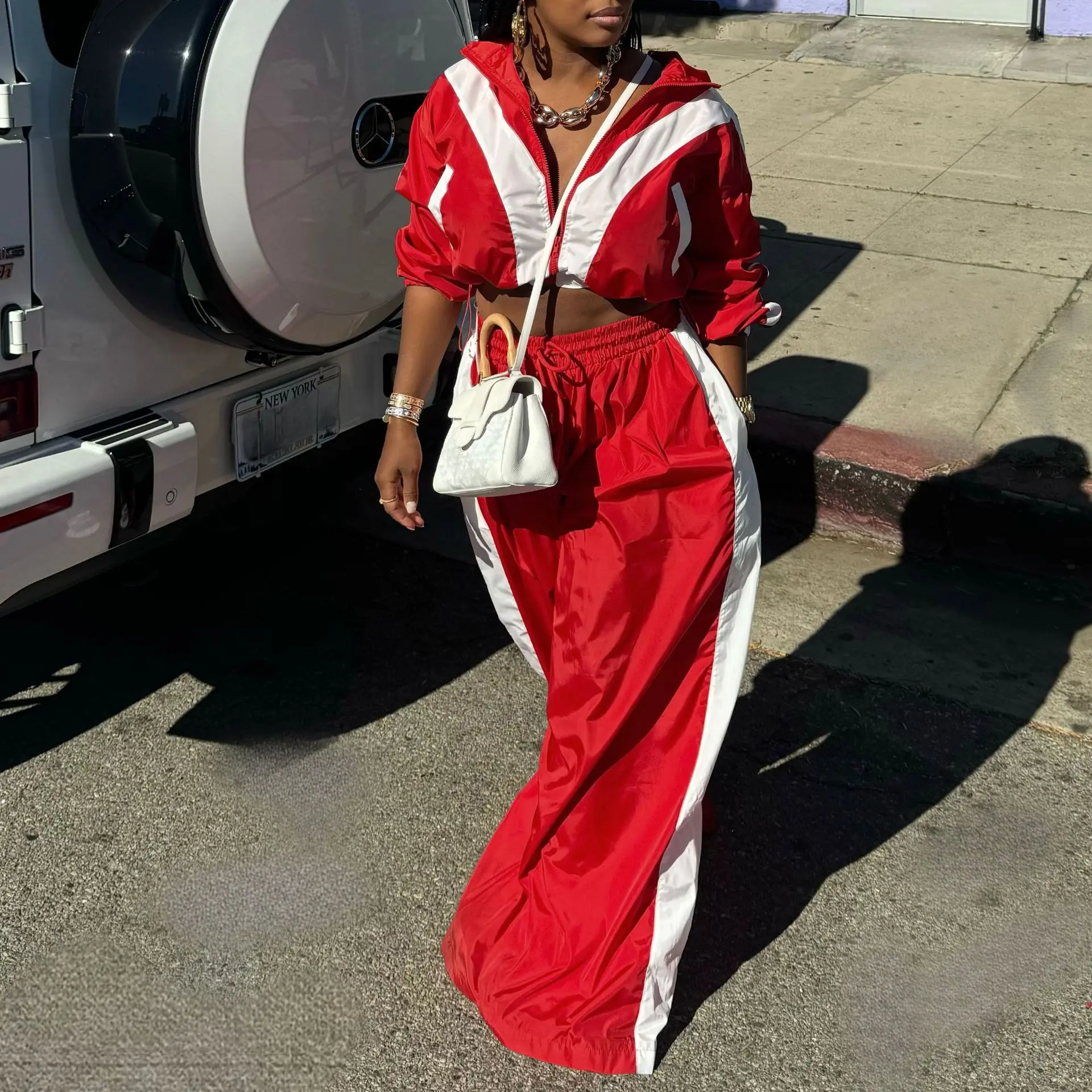 CM.YAYA Active Patchwork Women's Set Zipper Sweatshirt Jacket and Wide Leg Pants Suit 2025 INS Two 2 Piece Sets Outfit Tracksuit