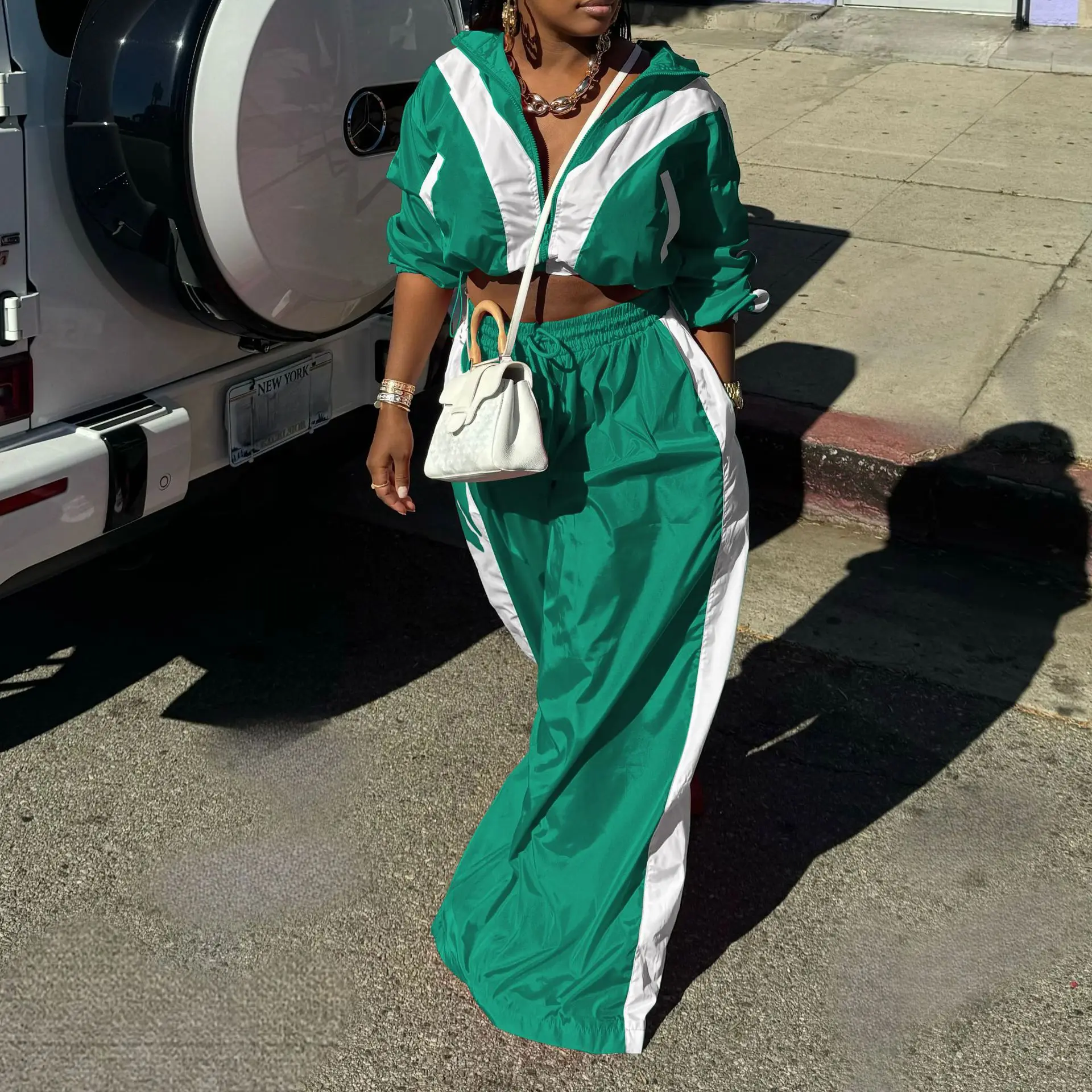 CM.YAYA Active Patchwork Women's Set Zipper Sweatshirt Jacket and Wide Leg Pants Suit 2025 INS Two 2 Piece Sets Outfit Tracksuit