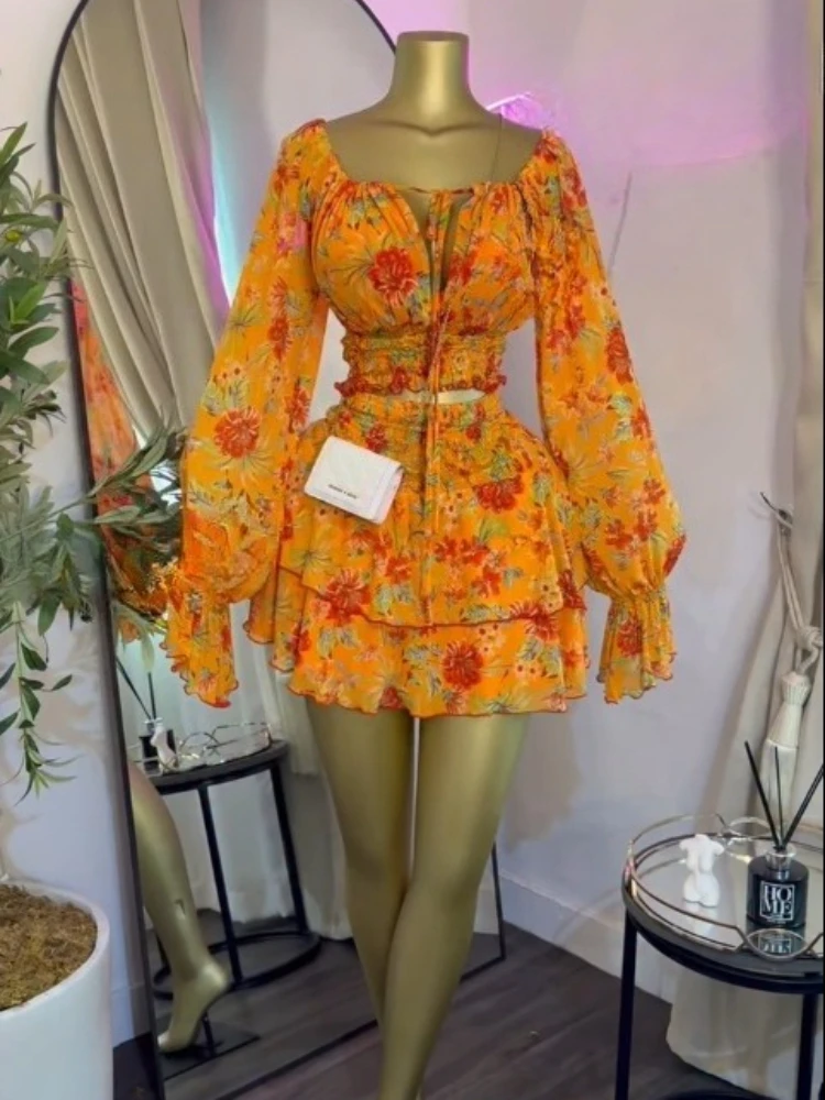 GLCMYAYA Women Floral Printed Lantern Long Sleeve Blouses Tee Tops and Ruffles Mini A-line Skirt 2026 Fall Two Piece Set Outfits