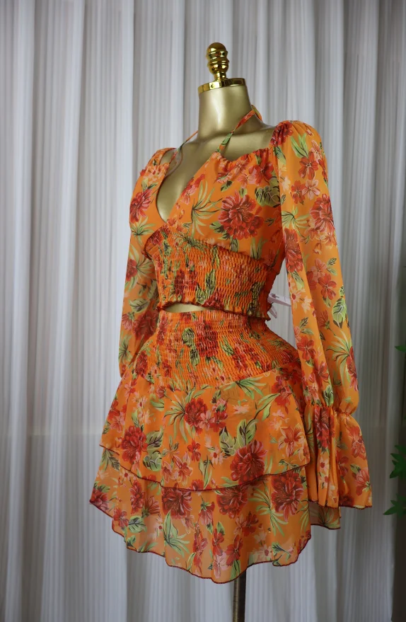 GLCMYAYA Women Floral Printed Lantern Long Sleeve Blouses Tee Tops and Ruffles Mini A-line Skirt 2026 Fall Two Piece Set Outfits