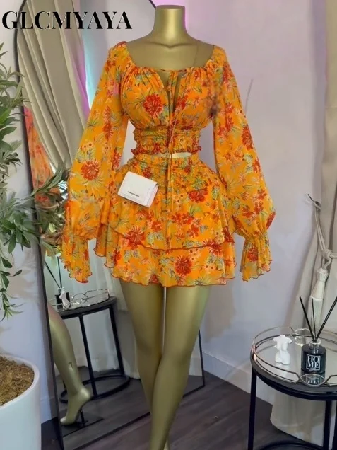 GLCMYAYA Women Floral Printed Lantern Long Sleeve Blouses Tee Tops and Ruffles Mini A-line Skirt 2026 Fall Two Piece Set Outfits GLCMYAYA Women Floral Printed Lantern Long Sleeve Blouses Tee Tops and Ruffles Mini A-line Skirt 2026 Fall Two Piece Set Outfits