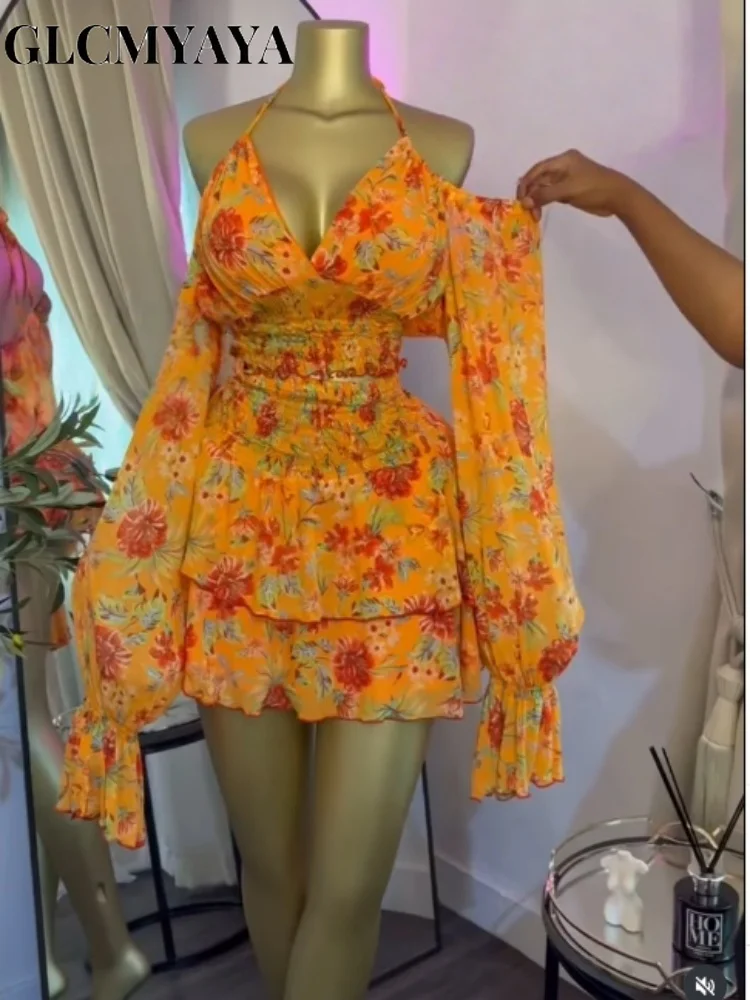 GLCMYAYA Women Floral Printed Lantern Long Sleeve Blouses Tee Tops and Ruffles Mini A-line Skirt 2026 Fall Two Piece Set Outfits