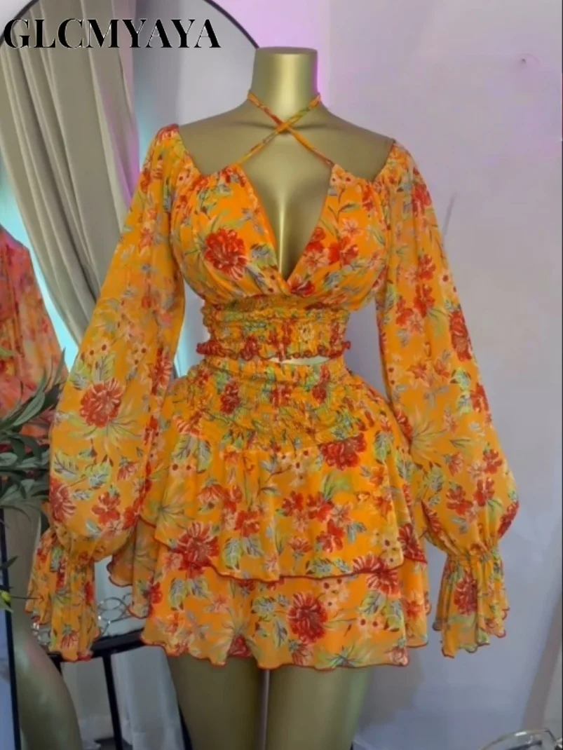 GLCMYAYA Women Floral Printed Lantern Long Sleeve Blouses Tee Tops and Ruffles Mini A-line Skirt 2026 Fall Two Piece Set Outfits