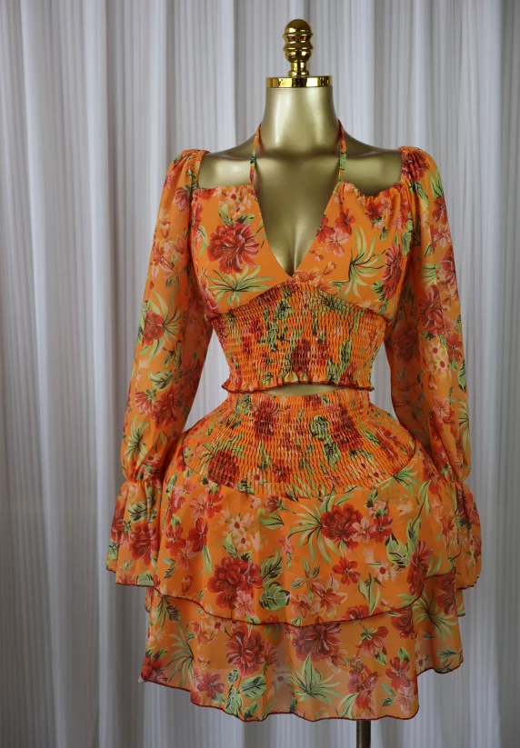 GLCMYAYA Women Floral Printed Lantern Long Sleeve Blouses Tee Tops and Ruffles Mini A-line Skirt 2026 Fall Two Piece Set Outfits