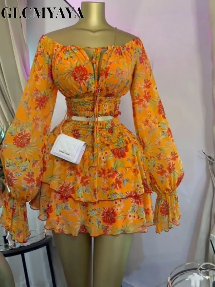 GLCMYAYA Women Floral Printed Lantern Long Sleeve Blouses Tee Tops and Ruffles Mini A-line Skirt 2026 Fall Two Piece Set Outfits