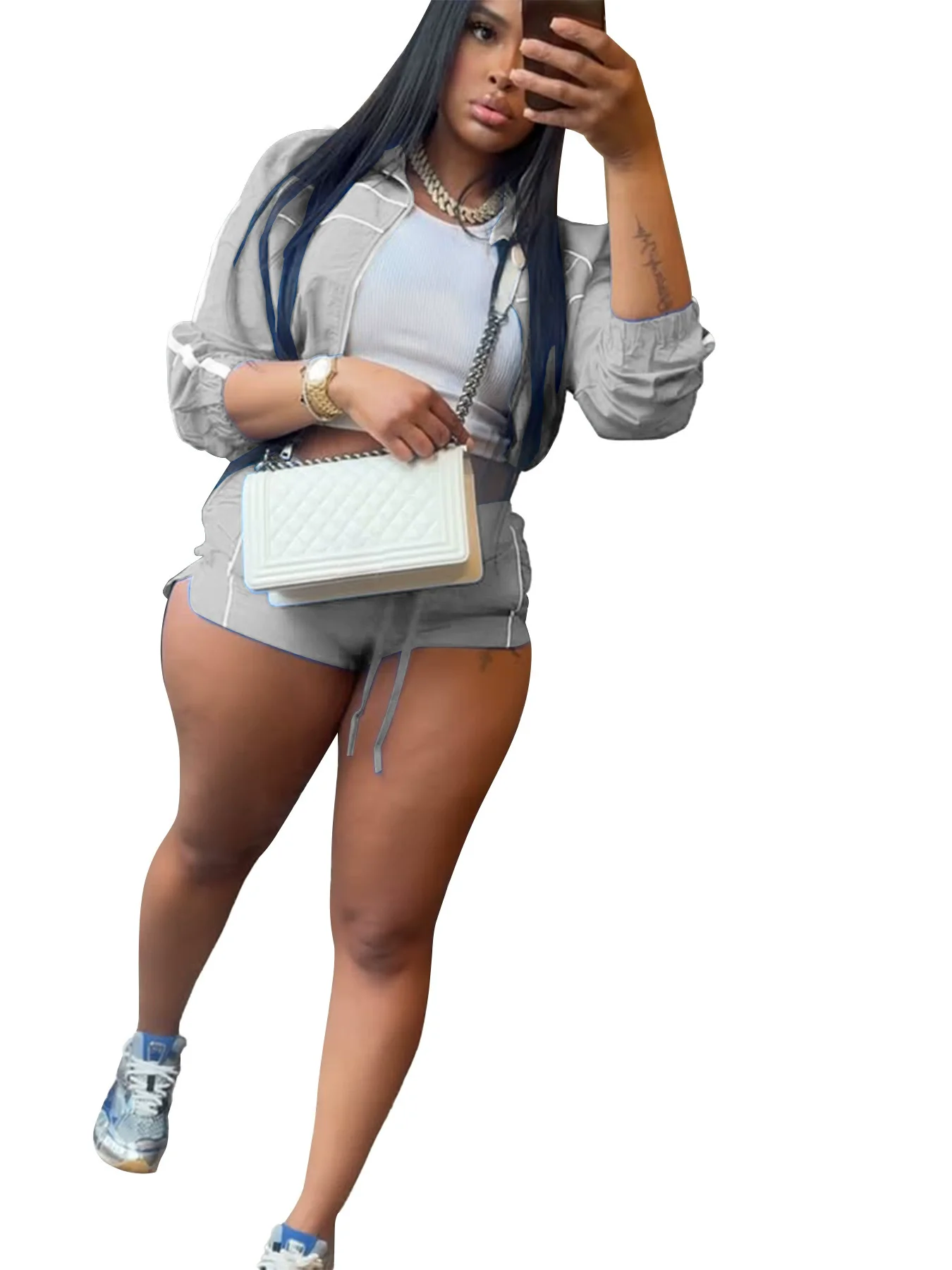 CM.YAYA Women's Set Long Sleeve Jacket + Shorts Suit 2025 Summer Streetwear Active Slim Sporty Two 2 Piece Set Outfit Tracksuit CM.YAYA Women's Set Long Sleeve Jacket + Shorts Suit 2025 Summer Streetwear Active Slim Sporty Two 2 Piece Set Outfit Tracksuit