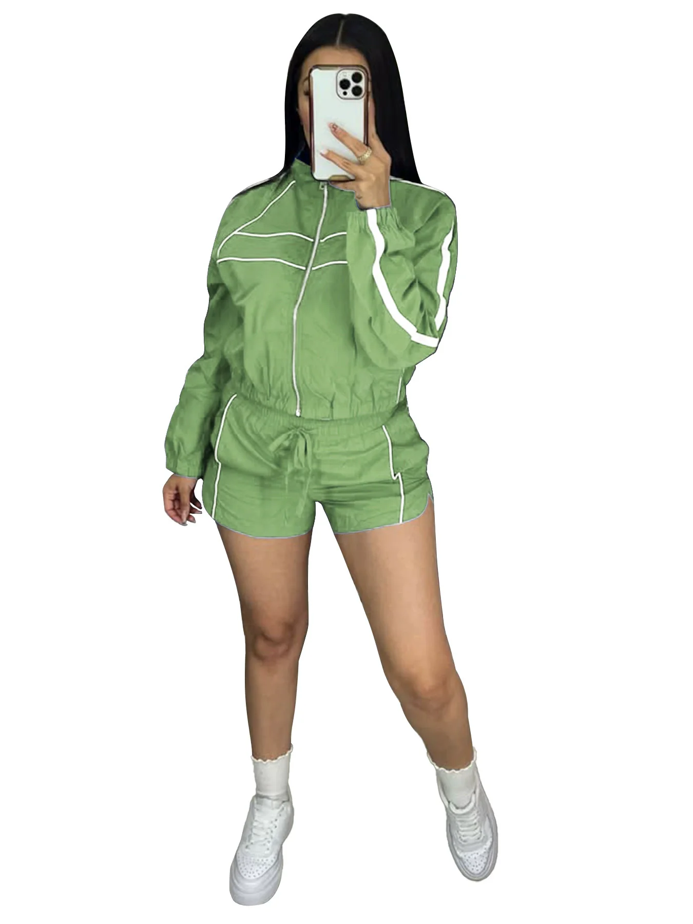 CM.YAYA Women's Set Long Sleeve Jacket + Shorts Suit 2025 Summer Streetwear Active Slim Sporty Two 2 Piece Set Outfit Tracksuit CM.YAYA Women's Set Long Sleeve Jacket + Shorts Suit 2025 Summer Streetwear Active Slim Sporty Two 2 Piece Set Outfit Tracksuit