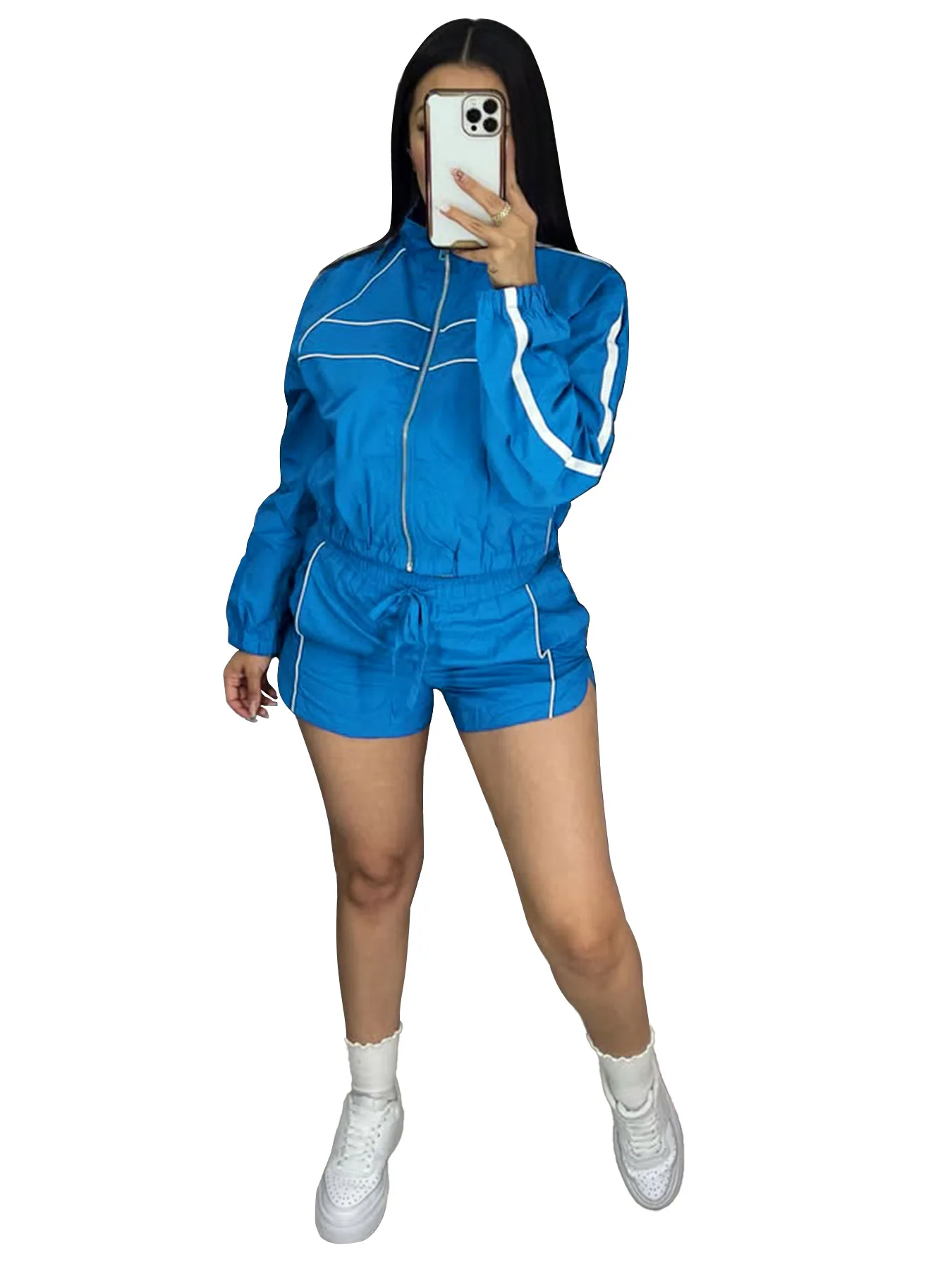 CM.YAYA Women's Set Long Sleeve Jacket + Shorts Suit 2025 Summer Streetwear Active Slim Sporty Two 2 Piece Set Outfit Tracksuit