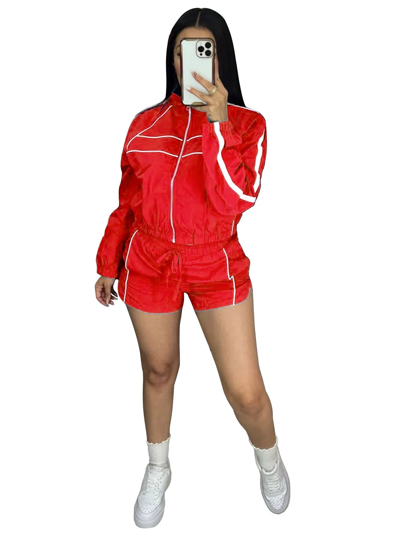 CM.YAYA Women's Set Long Sleeve Jacket + Shorts Suit 2025 Summer Streetwear Active Slim Sporty Two 2 Piece Set Outfit Tracksuit CM.YAYA Women's Set Long Sleeve Jacket + Shorts Suit 2025 Summer Streetwear Active Slim Sporty Two 2 Piece Set Outfit Tracksuit
