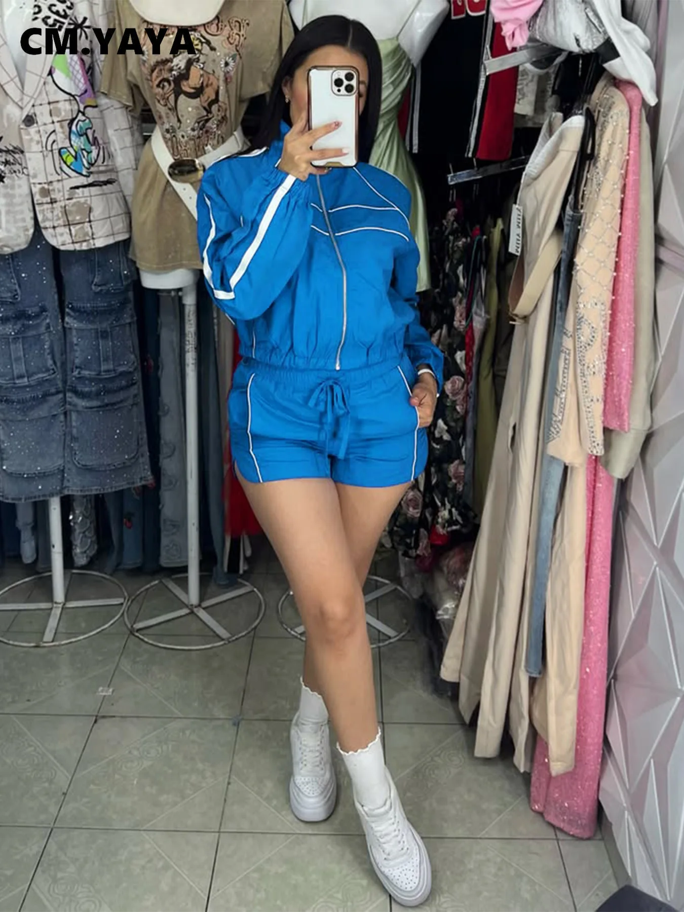 CM.YAYA Women's Set Long Sleeve Jacket + Shorts Suit 2025 Summer Streetwear Active Slim Sporty Two 2 Piece Set Outfit Tracksuit