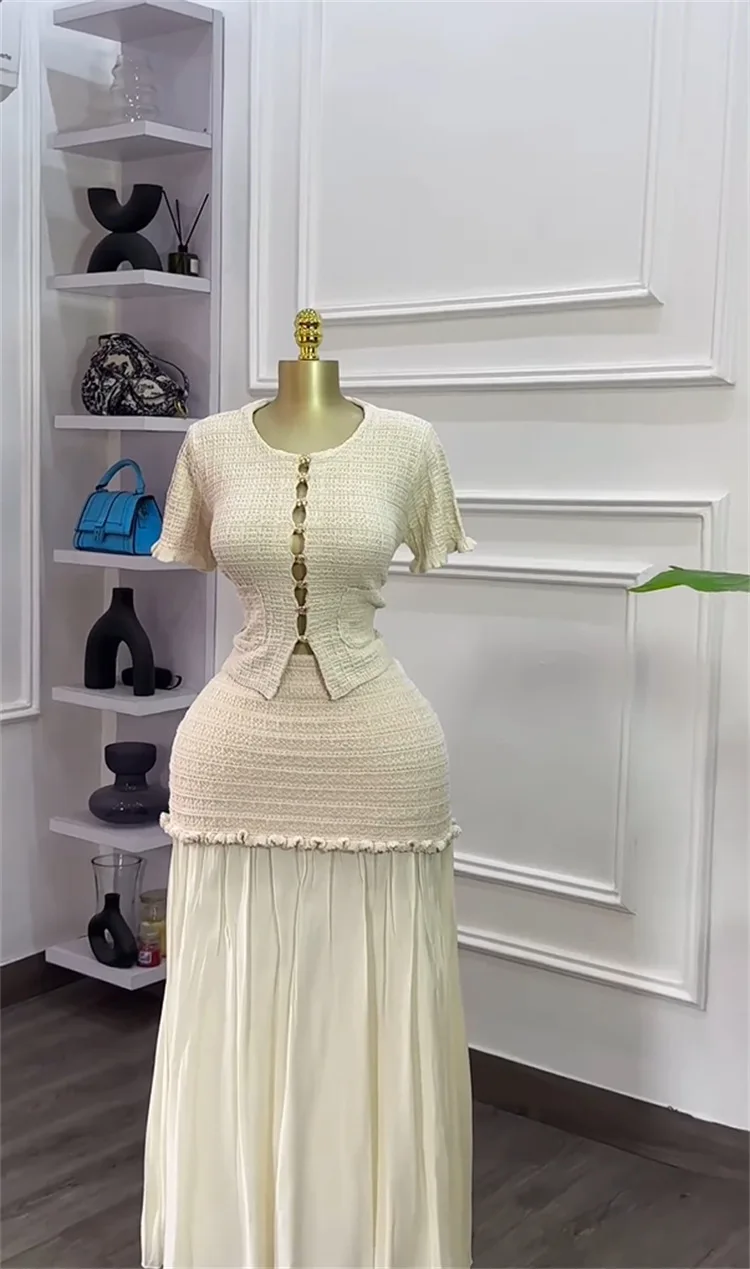 GLCMYAYA Women's Set Short Sleeve Hollow Out Tops and Long Skirts Suit 2025 Summer Elegant Two 2 Piece Sets Outfit Tracksuit GLCMYAYA Women's Set Short Sleeve Hollow Out Tops and Long Skirts Suit 2025 Summer Elegant Two 2 Piece Sets Outfit Tracksuit