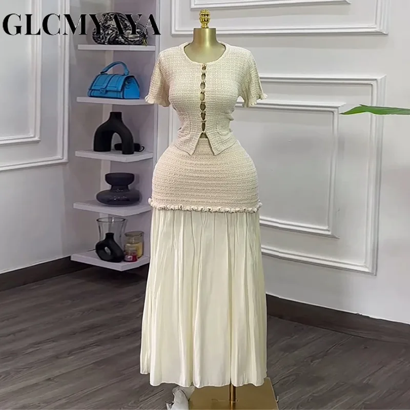 GLCMYAYA Women's Set Short Sleeve Hollow Out Tops and Long Skirts Suit 2025 Summer Elegant Two 2 Piece Sets Outfit Tracksuit