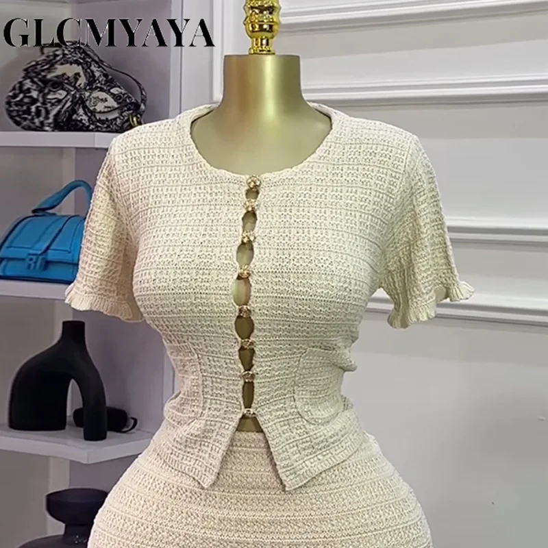 GLCMYAYA Women's Set Short Sleeve Hollow Out Tops and Long Skirts Suit 2025 Summer Elegant Two 2 Piece Sets Outfit Tracksuit