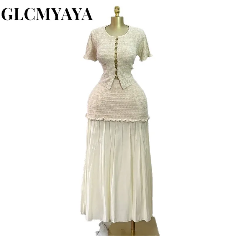 GLCMYAYA Women's Set Short Sleeve Hollow Out Tops and Long Skirts Suit 2025 Summer Elegant Two 2 Piece Sets Outfit Tracksuit