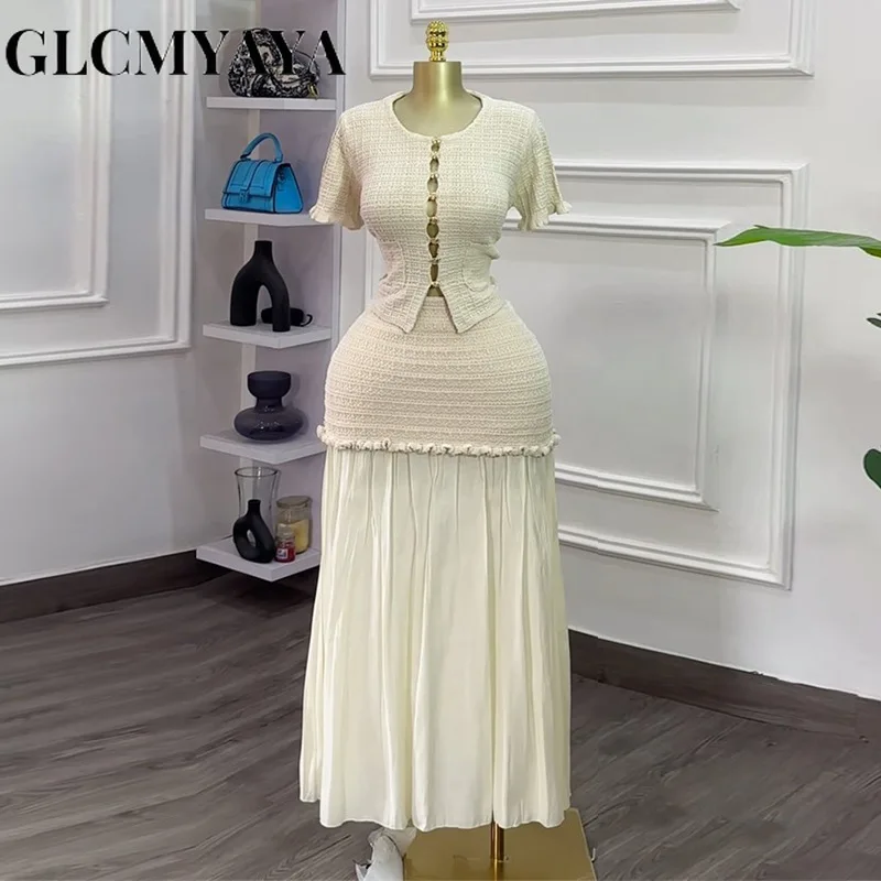 GLCMYAYA Women's Set Short Sleeve Hollow Out Tops and Long Skirts Suit 2025 Summer Elegant Two 2 Piece Sets Outfit Tracksuit