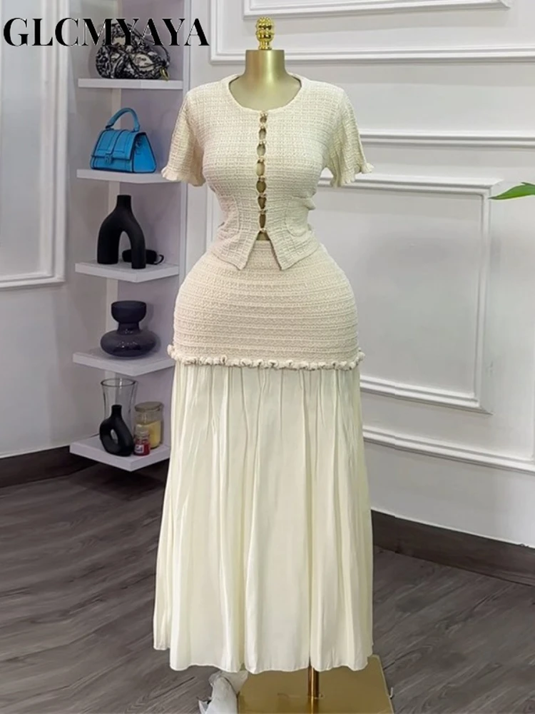 GLCMYAYA Women's Set Short Sleeve Hollow Out Tops and Long Skirts Suit 2025 Summer Elegant Two 2 Piece Sets Outfit Tracksuit