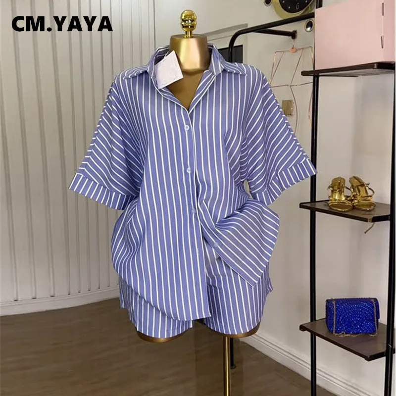 CM.YAYA Fashion Striped Women’s Set Half Sleeve Turn-down T-shirt and Shorts 2025 Summer Chic Two 2 Piece Sets Outfit Tracksuit CM.YAYA Fashion Striped Women's Set Half Sleeve Turn-down T-shirt and Shorts 2025 Summer Chic Two 2 Piece Sets Outfit Tracksuit