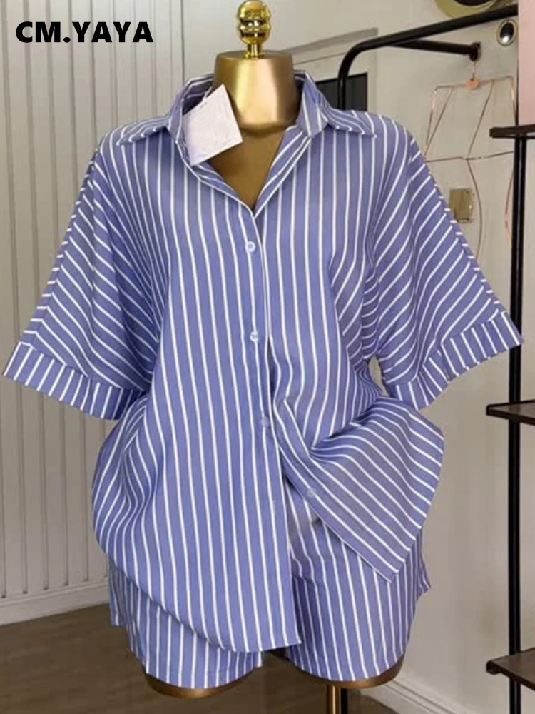 CM.YAYA Fashion Striped Women’s Set Half Sleeve Turn-down T-shirt and Shorts 2025 Summer Chic Two 2 Piece Sets Outfit Tracksuit CM.YAYA Fashion Striped Women's Set Half Sleeve Turn-down T-shirt and Shorts 2025 Summer Chic Two 2 Piece Sets Outfit Tracksuit